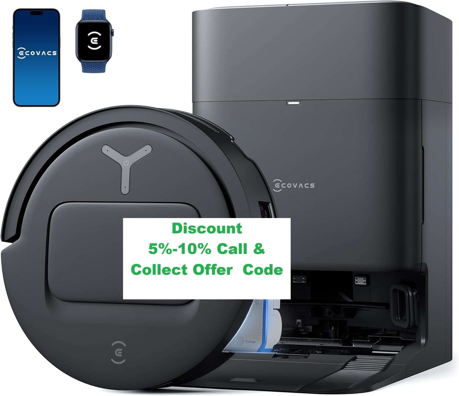 Ecovacs robotic vacuum with a smartphone and smartwatch in the corner and a white discount label offering 5%-10% off with a code text overlay