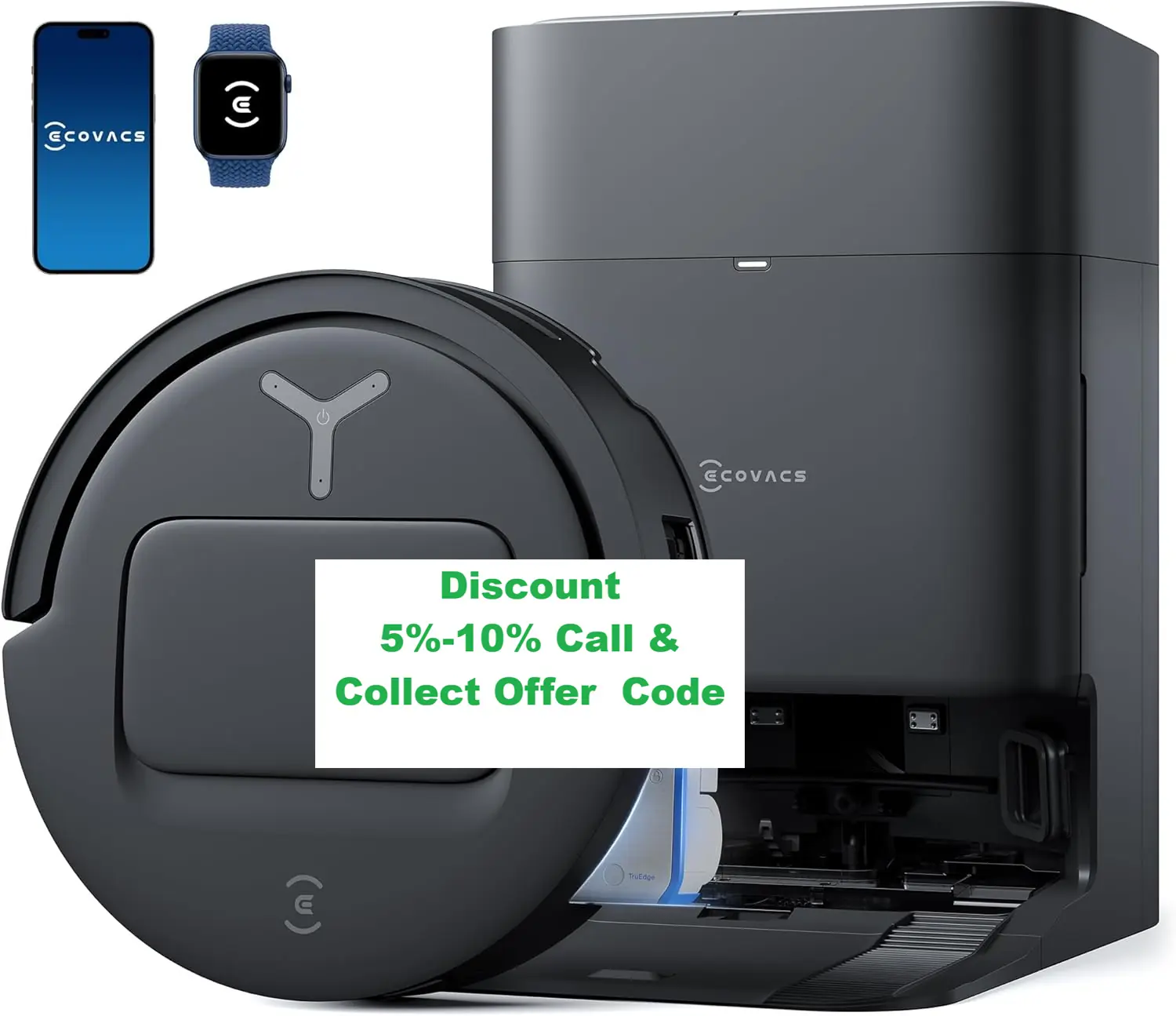 Ecovacs robotic vacuum with a smartphone and smartwatch in the corner and a white discount label offering 5%-10% off with a code text overlay